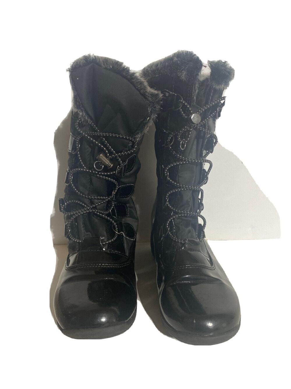 Totes Mid Boots Liz Black Patent Warm Lined Size 6 M Nice Shoes Adjusting